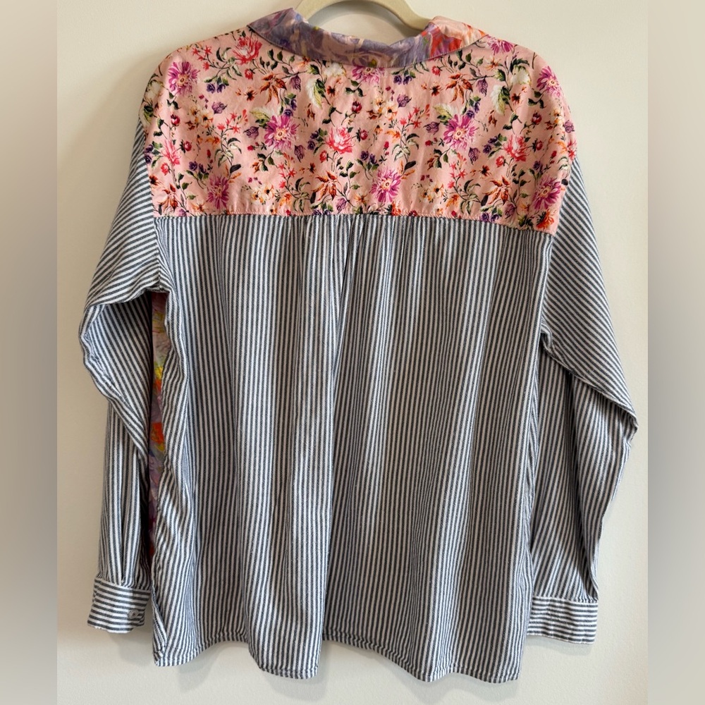 Anthropologie Maeve The Clarissa Floral & Striped High Low Button Up Top Size 14 - Picture 3 of 8
